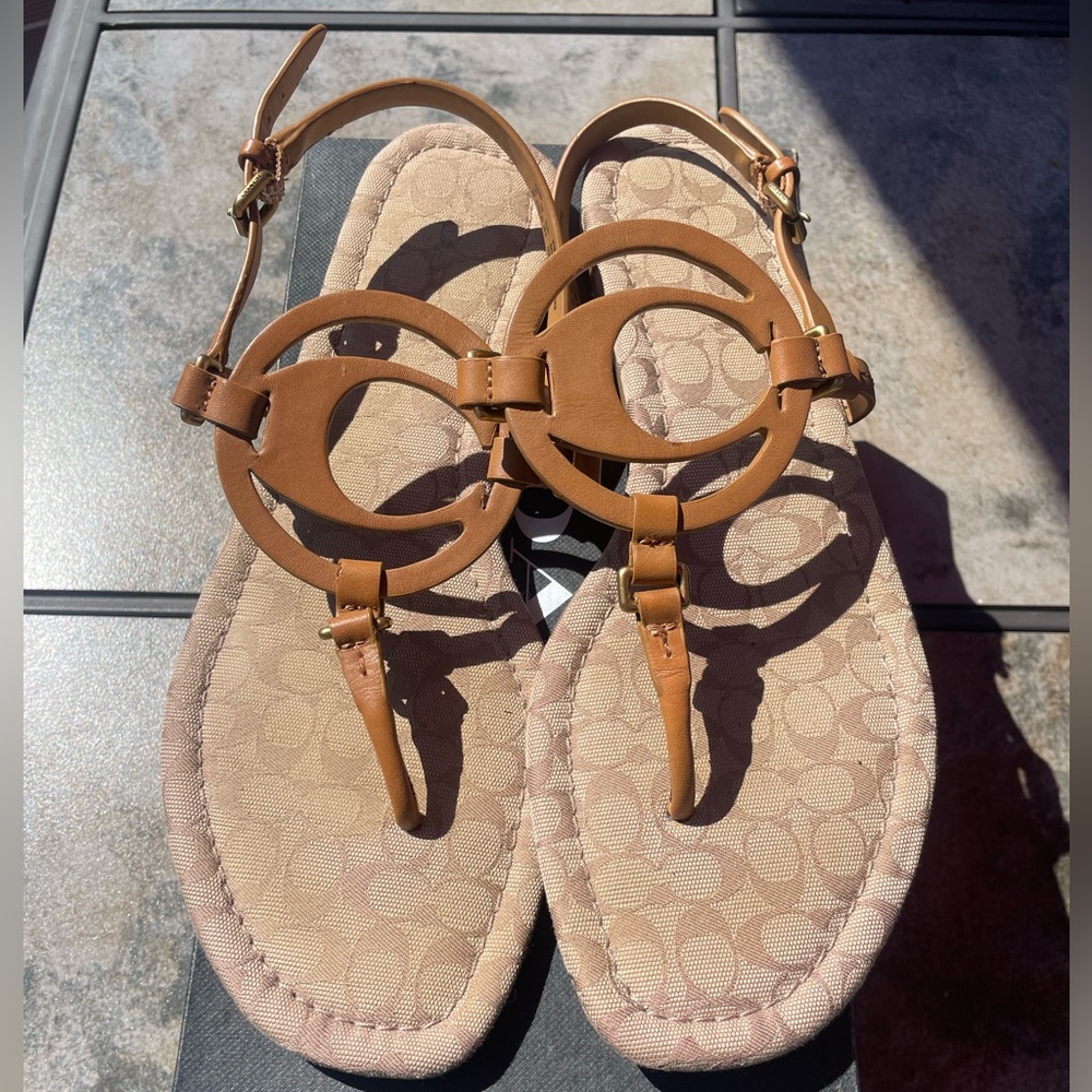 Coach Women's Jeri Leather Signature Toe Post Sandals